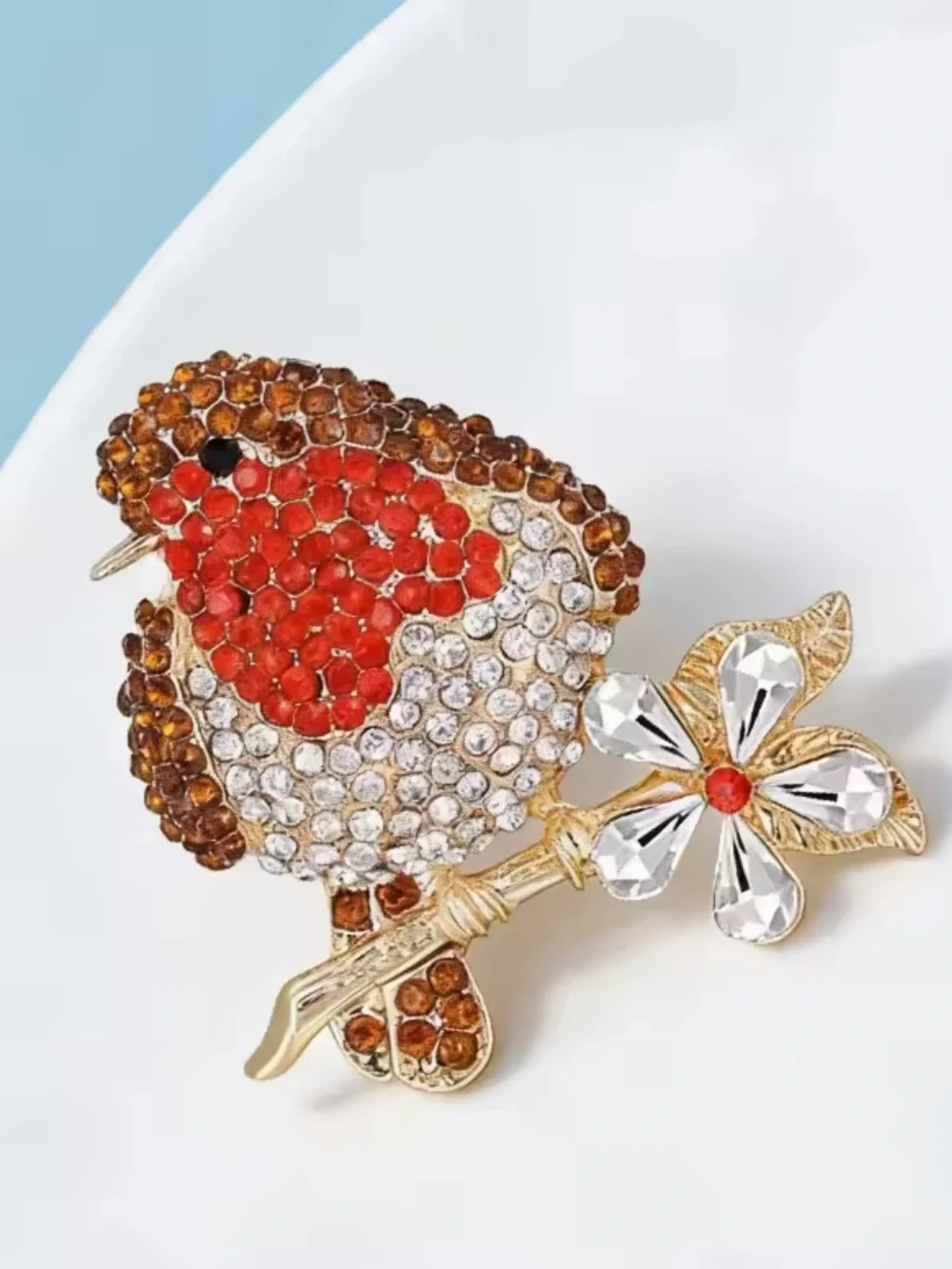 Crystal Robin Bird Floral Brooch